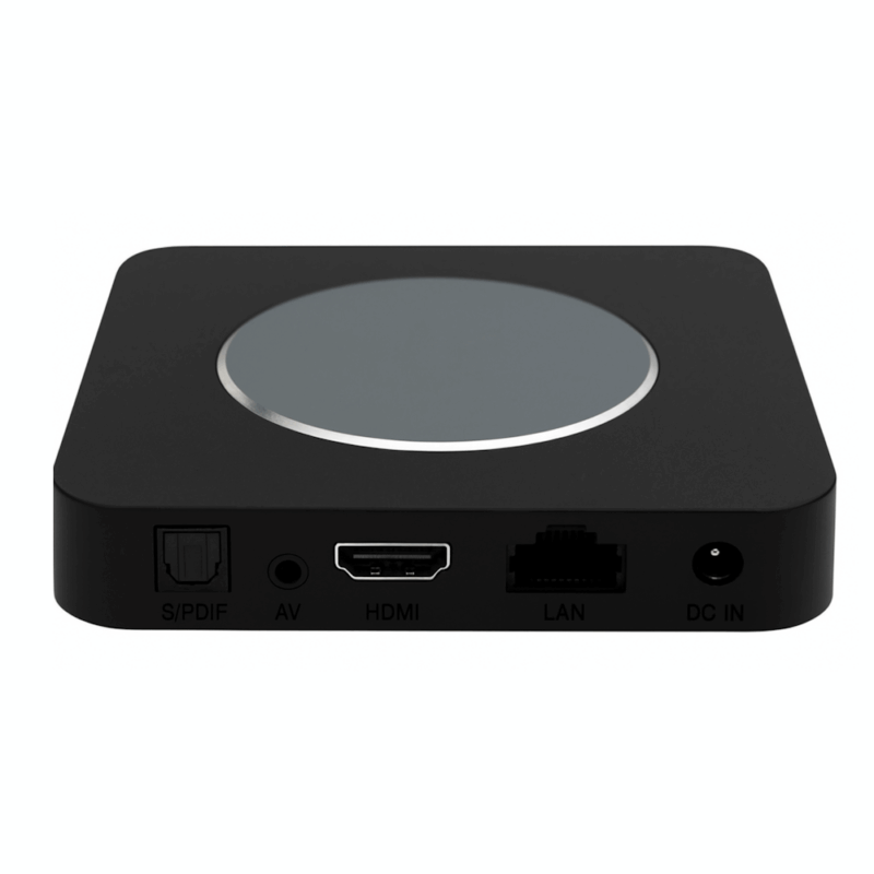 Schwarze Multimedia-Box mit HDMI-, LAN- und AV-Anschlüssen sowie S/PDIF-Ausgang, ideal für die Verbindung von Geräten und Medienwiedergabe.